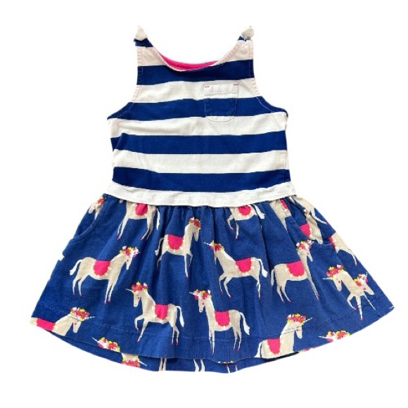 Mini Boden Other - Mini Boden Blue & White Striped Dress with Unicorn Print and Pockets